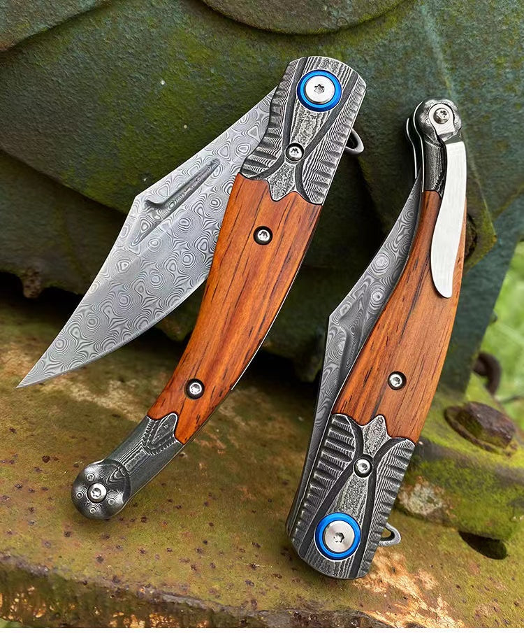 Damascus Steel Folding Outdoor Survival Camping Hunting Knife Tool