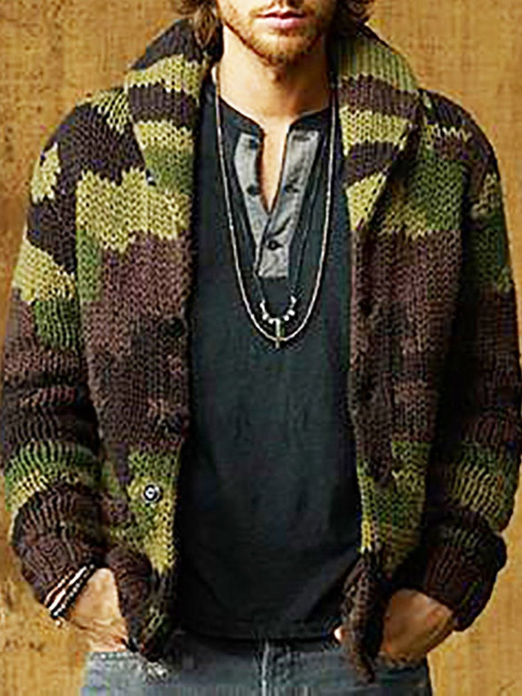 Men's Lapel Camouflage Print Sweater Jacket