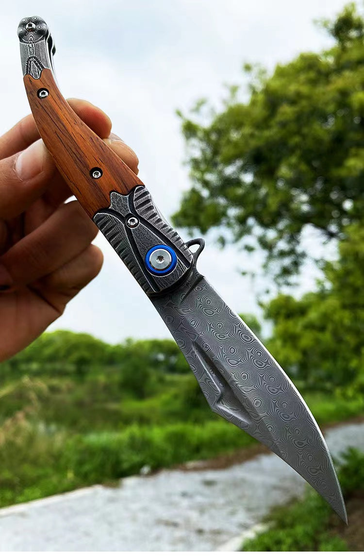 Damascus Steel Folding Outdoor Survival Camping Hunting Knife Tool