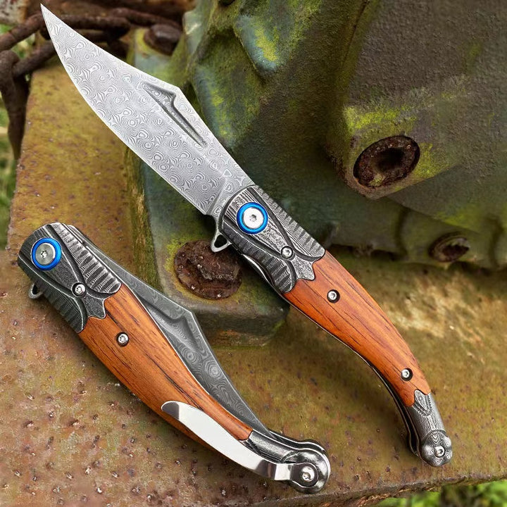 Damascus Steel Folding Outdoor Survival Camping Hunting Knife Tool