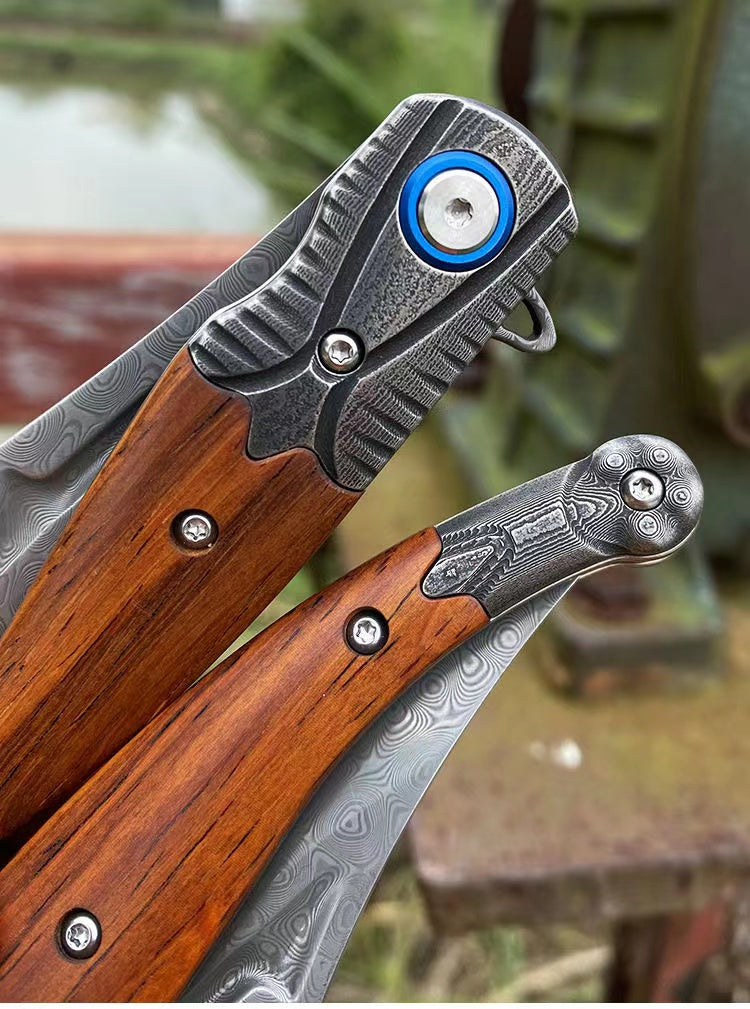 Damascus Steel Folding Outdoor Survival Camping Hunting Knife Tool
