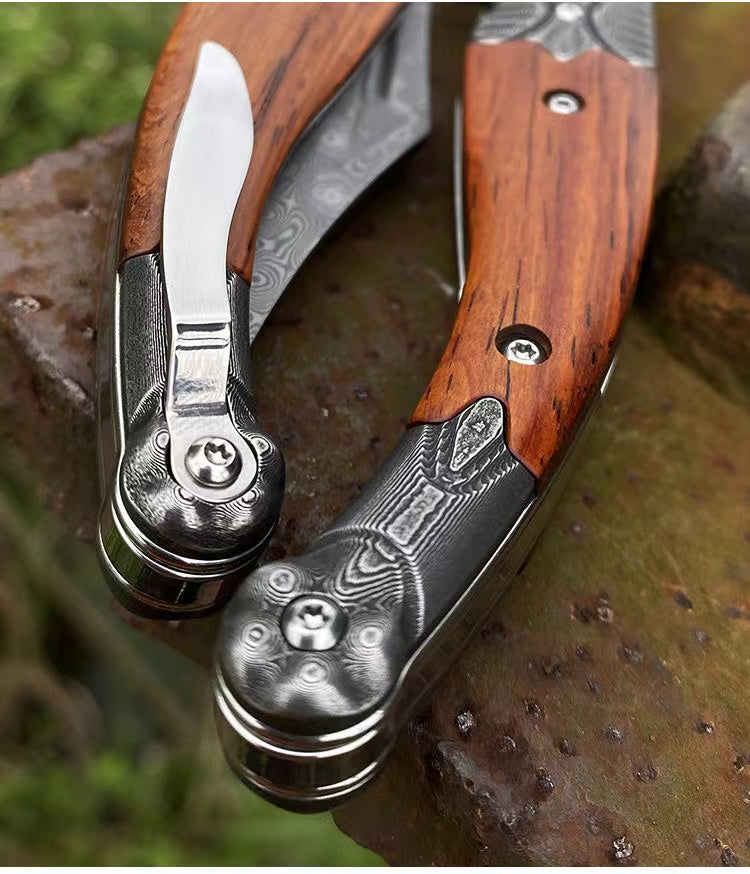 Damascus Steel Folding Outdoor Survival Camping Hunting Knife Tool